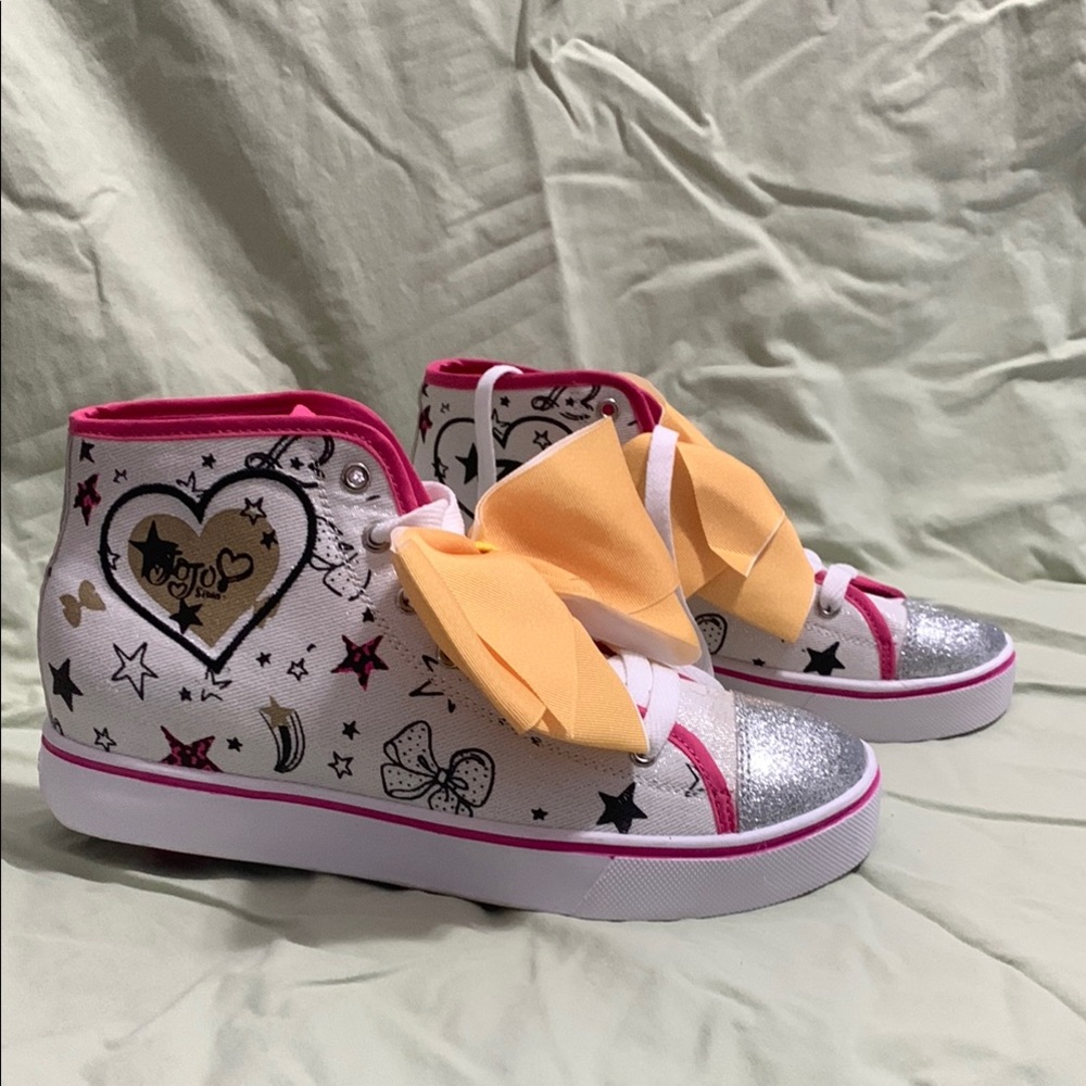JoJo Siwa White, pink and Silver Sneakers with Yellow Bow